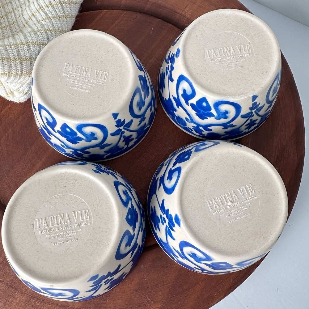 4 Blue & White Patina Vie "Lisbon" Bamboo Tidbit Bowls, Anthro‑vibe Cottage‑Boho - Picture 7 of 9